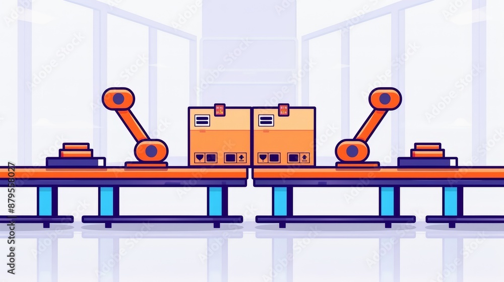 Poster automated assembly line, networked robotics, flat design illustration, focus cover all object