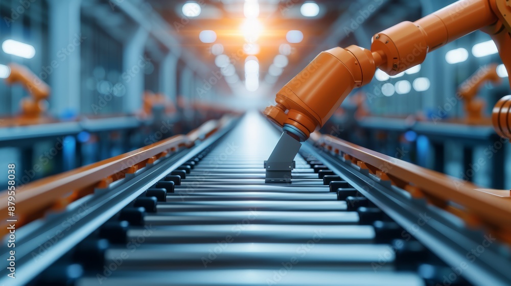 Poster automated assembly line, networked robotics, flat design illustration, focus cover all object