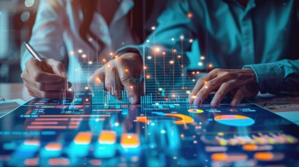 Visionary Business Leaders Collaborating Over Digital Data and Financial Analysis