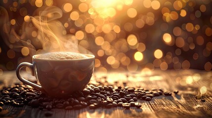 Obraz premium Dreamy Impressionist Capture of Freshly Brewed Aromatic Coffee with Scattered Beans on Rustic Wooden Background