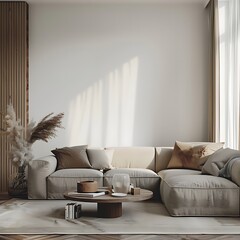 Bright and cozy modern living room interior sofa and plant with white wall, Generative AI
