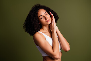 Fototapeta premium No filter photo of gorgeous tender woman wear trendy white lingerie isolated on khaki color background