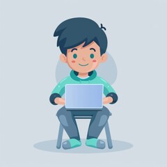 a boy with a laptop flat design illustration cartoon