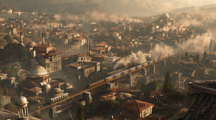 Fototapeta premium A scenic aerial view of a historic city with a steam train crossing a bridge amidst classic architecture and rising steam