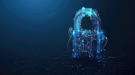Cybersecurity Awareness Symbolized by Abstract Lock Icon Made of Lines and Triangles on Blue Digital Network Background