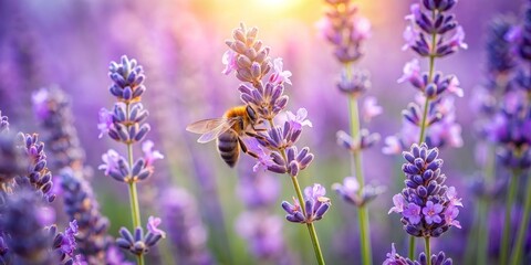 Fototapeta premium Bee Gathering Nectar on a Lavender Flower, Close Up, Macro, Sunlight, Lavender Field, Bee, Flower, Nature, Purple, Insect, Pollination, Pollinator, Lavender, Purple Flowers, Summer