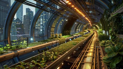 Solar punk greenways stretch across the city, where elevated paths are lined with edible plants and solar lighting. It's an eco-friendly commute option, weaving nature into the urban fabric.
