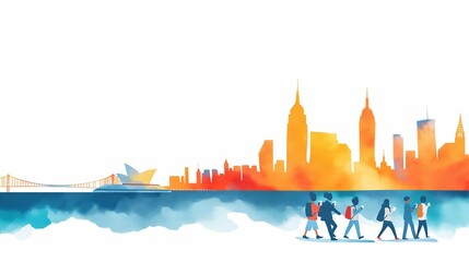 Obraz premium Travel safety, tourists with sanitizer, landmarks in background, Watercolor style