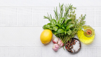 Various herbs and spices on the table