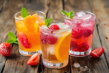 Fruit juice with ice and fresh fruits in glasses on a wooden background, summer drinks