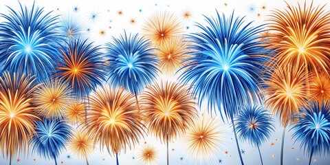 Blue and Orange Fireworks Display, Digital Illustration, Fireworks, Celebration, Night Sky