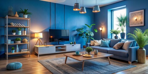 Blue Living Room with Sofa and TV, blue , living room , interior design , modern
