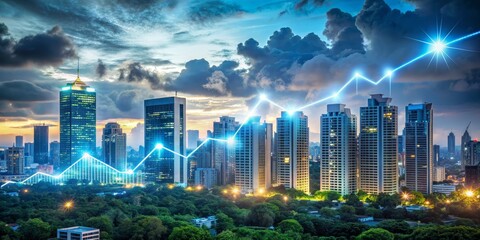 Fototapeta premium Cityscape with glowing graph line rising above buildings at dusk, cityscape, skyline, night, urban, financial growth, business, success, prosperity