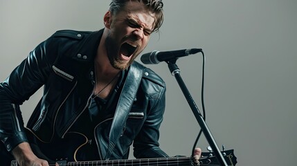 Impassioned Rock Singer Performing with Electric Guitar and Vocal Microphone Against Moody Gray Background