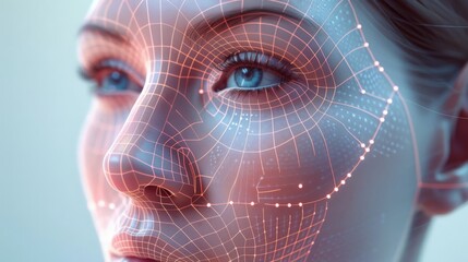 A woman's face is overlaid with a glowing digital grid, highlighting facial features.