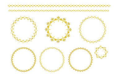 抽象的な円フレームとラインのセット。金色。
