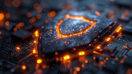 Security shield icon on circuit board background with glowing lights for digital protection and cyber schism concept. Generative AI