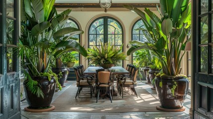 A luxurious dining room with a table flanked by large, exotic potted plants