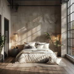 3D render of a luxury bedroom interior with minimal decoration, designed in a loft style.