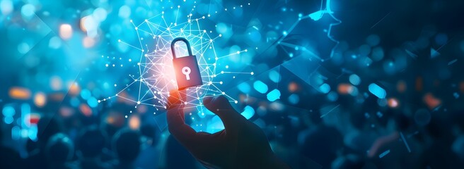 A hand holds a padlock and data in a futuristic interface on a blue background with a crowd of people, representing a cyber security concept for information protection