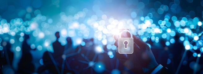 A hand holds a padlock and data in a futuristic interface on a blue background with a crowd of people, representing a cyber security concept for information protection