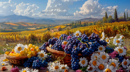 Still life with grapes and flowers, autumn Italian vineyard
