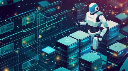An AI robot interacting with data servers in a digitally advanced environment, symbolizing the integration of artificial intelligence and data management in modern tech industries.