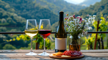 Food platter and wine served outdoors on vineyard, decorated with field flowers