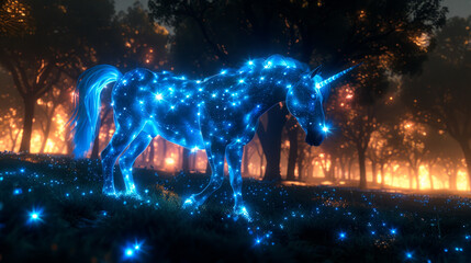 Electric blue glowing unicorn in the night