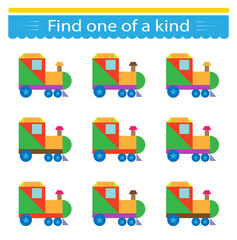 Fun education game for kids. Need to find one of a kind locomotive. Kids activity page.