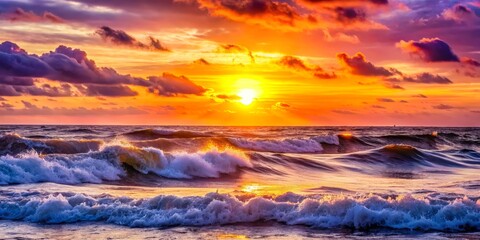 Fototapeta premium Fiery Sunset Over Ocean Waves, Vivid Colors, Dramatic Sky, Water Photography, sunset, ocean, waves, photography