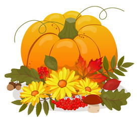 Autumn decorative vector element with pumpkin, flowers, leaves and fruits, mushrooms hand drawn. Autumn, Thanksgiving, pumpkin season. Vector illustration for posters, cards and banners