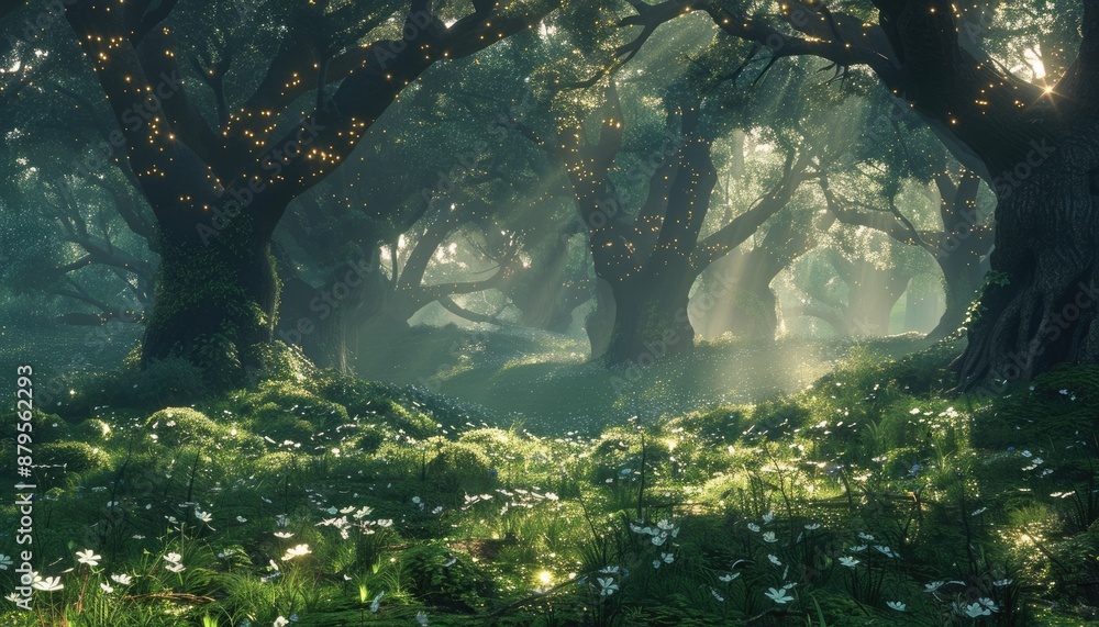Poster enjoy a breathtaking view of a magical forest with tall trees and early light seeping through the br