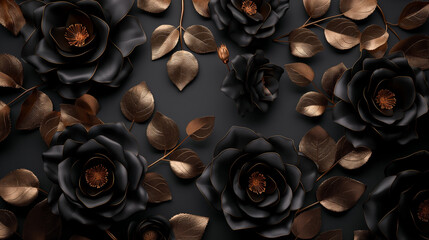 Elegant black and gold roses on dark background for memorial obituary necrology funeral death banner concept