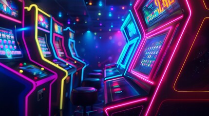 Obraz premium A colorful neon-lit arcade filled with gaming machines. Glowing lights and a vibrant atmosphere create a nostalgia and excitement for gamers young and old.