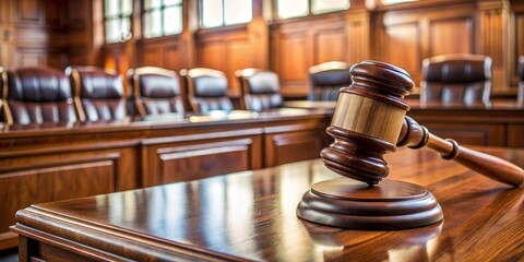 Gavel on a Polished Wooden Table in a Courtroom, courtroom, justice, law, judge