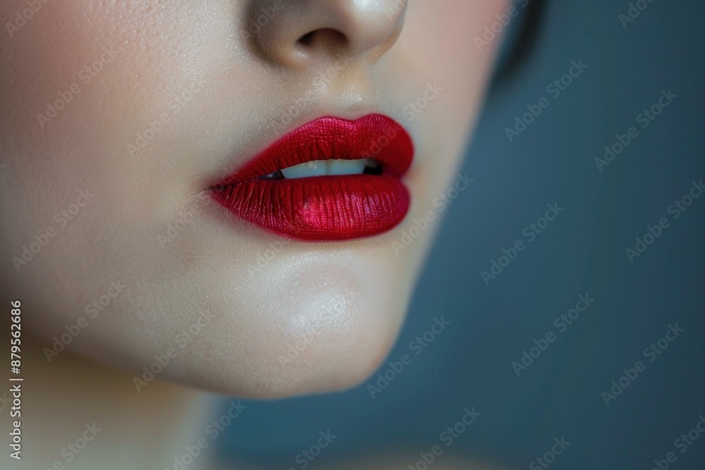 Poster close up of perfect red lips with a smooth texture on a blurred background