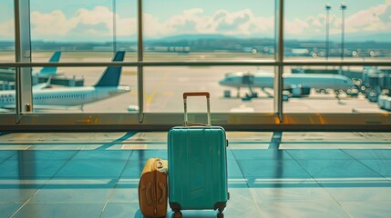 Empty airport terminal with traveler cases, ready for vacation, blank space for text message