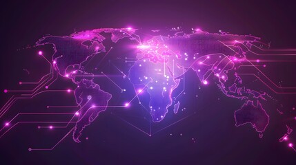 Obraz premium A glowing purple world map with circuit board lines, symbolizing global connectivity and technology.