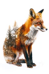 Fototapeta premium Majestic Double Exposure Fox Blended with Forest Landscape