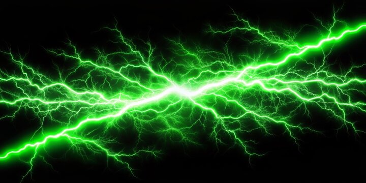Green Lightning Strike on Black Background, electric , power , energy , storm