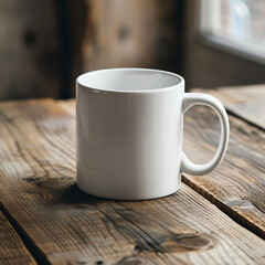 Mockup of white mug on wooden table generated.AI