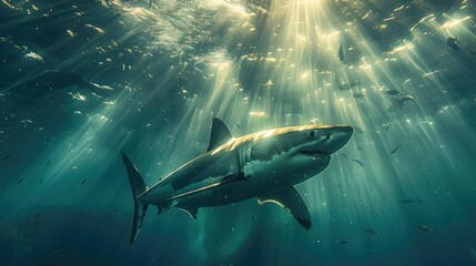 Fototapeta premium A majestic great white shark swimming gracefully underwater, illuminated by beams of sunlight, surrounded by a serene marine environment.