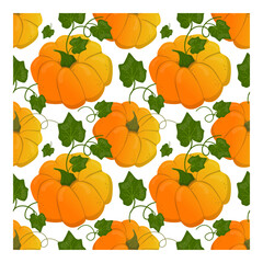 Seamless vector pattern, with bright pumpkins and green leaves on a white background. Autumn print, textile, background, vector