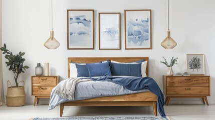 Fototapeta premium Cozy bedroom featuring a wooden bed with blue pillows, two bedside cabinets, and three framed artworks on a white backdrop.