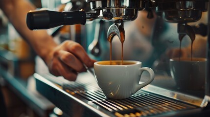 Espresso is seen pouring smoothly from the machine's spout into a white ceramic cup, highlighting the rich, dark coffee and the skill involved in the coffee-making process.