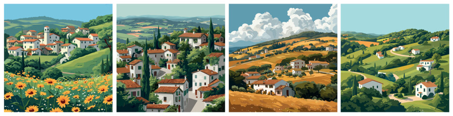 Fototapeta premium Italian summer village landscape posters set. Rural area. Little white houses hills greens meadows. Bright colors. Vector cartoon style illustration collection