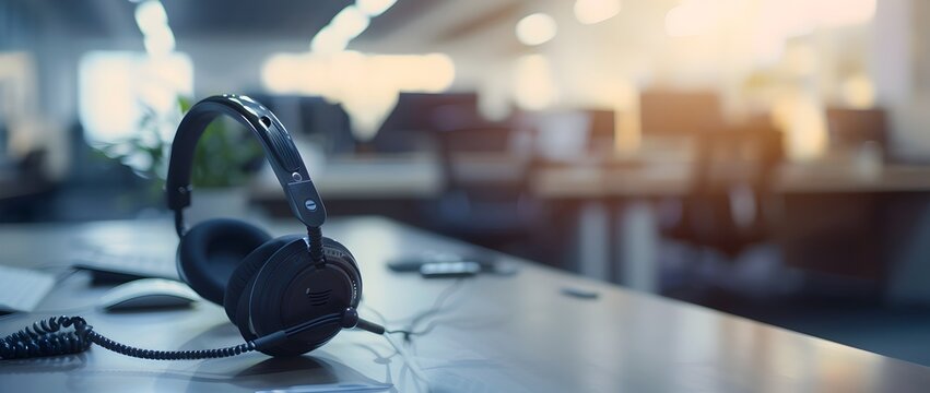 A headset and phone on a desk in an office with a blurred background, symbolizing customer support or call center activity