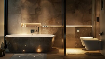 A modern bathroom with an asymmetrical tub, ambient lighting, and a sleek, wall-mounted toilet