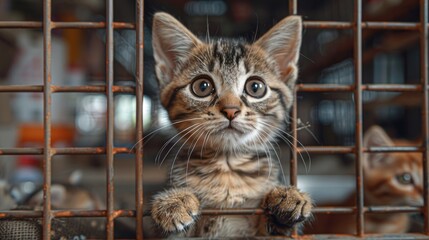 An adorable kitten peers through a metal cage with wide, curious eyes. The image captures the innocence and curiosity of a young cat.